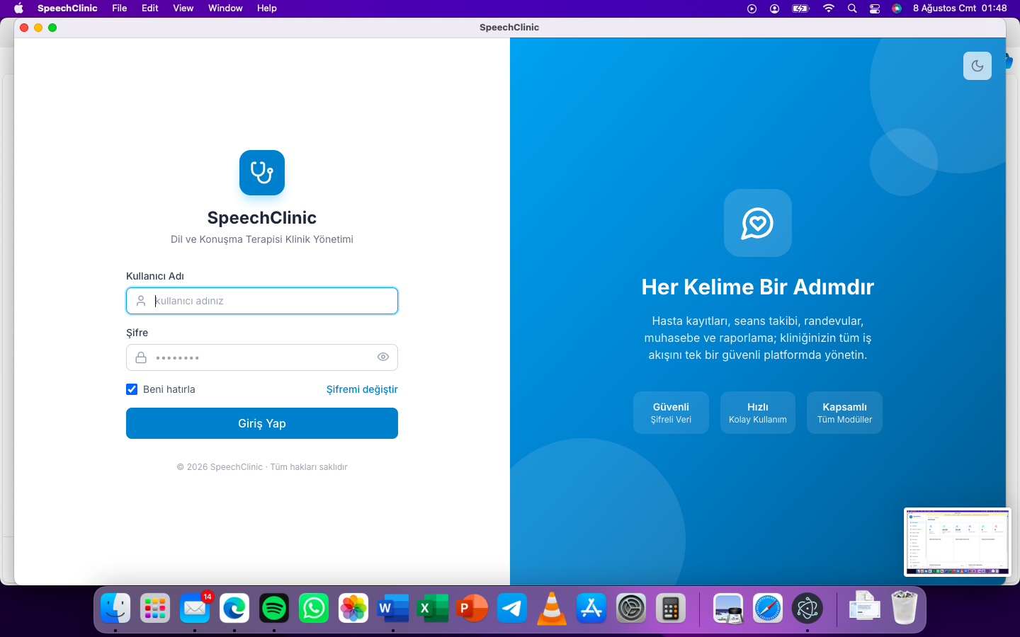 SpeechClinic güvenli giriş ekranı